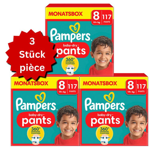 Pampers Baby-Dry PANTS Gr. 8 XXXL 19+kg (3x117 STK) AKTION 3 Monatsboxen