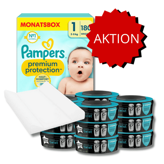 Newborn-Set: Pampers Monatsbox Gr. 1 + Sangénic-Kassetten + Wickelauflage