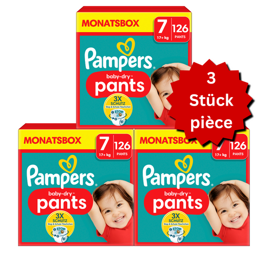 Pampers Baby-Dry PANTS Gr. 7 XXL +17kg (3x126 STK) AKTION 3 Monatsboxen