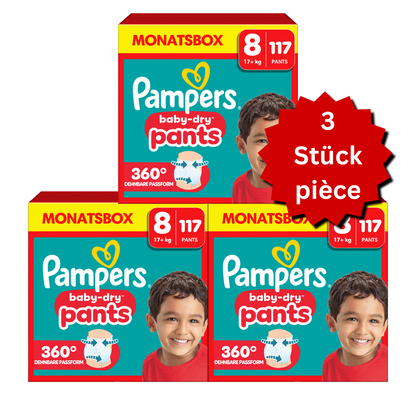 Pampers Baby-Dry PANTS Gr. 8 XXXL 17+kg (3x117 STK) AKTION 3 Monatsboxen